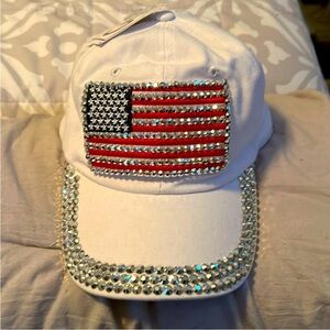Rhinestone American Flag White Cap